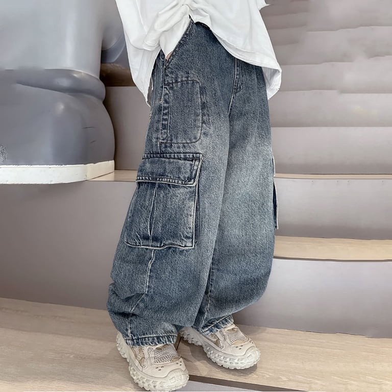 QHFBli Boys Cargo Jeans Kids High Waisted Baggy Pants Casual Demin