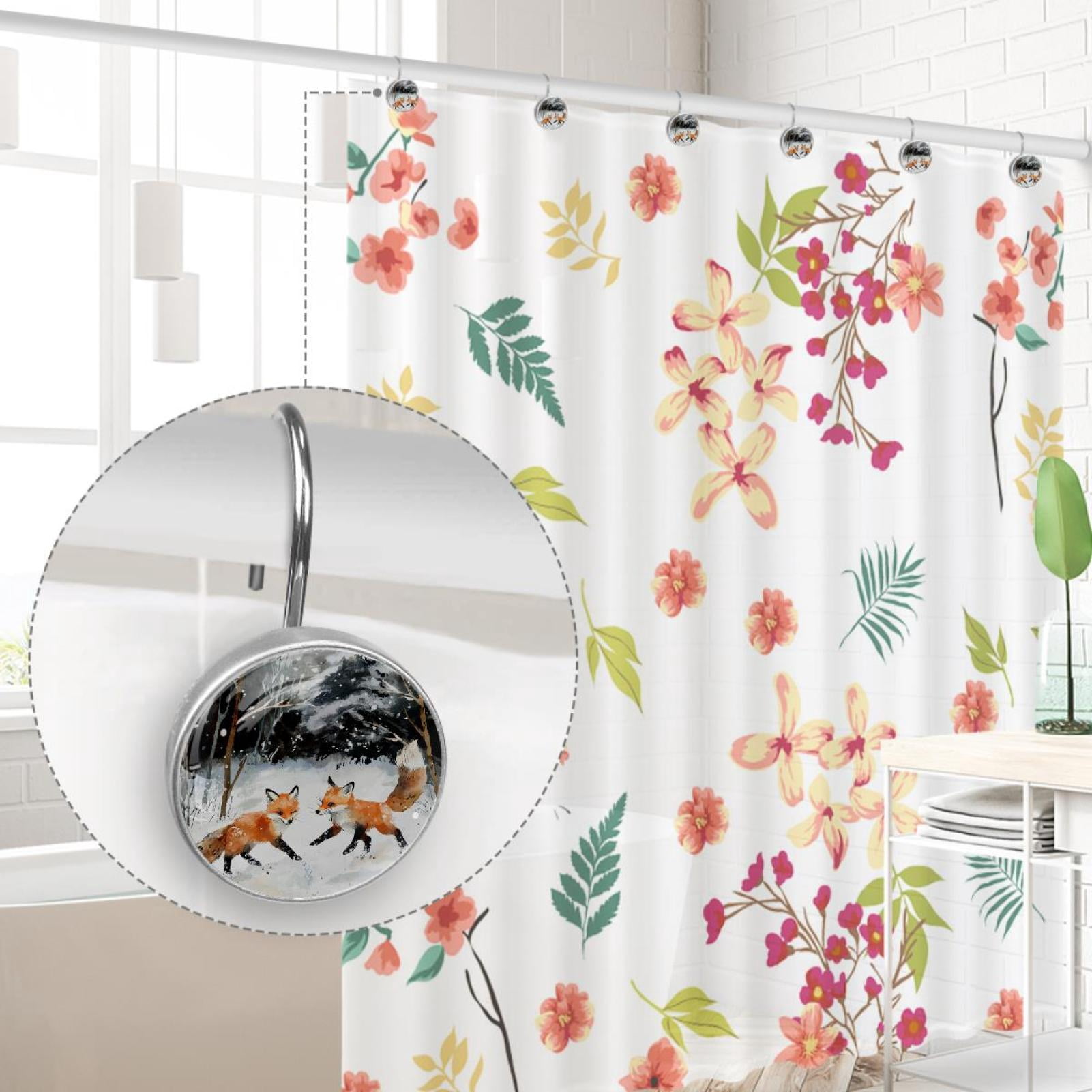 Little Foxes on Snow Shower Curtain Hooks Round Crystal Glass, Set of 12 Shower Curtain Rings - Shower Hooks for Curtain Shower Rings