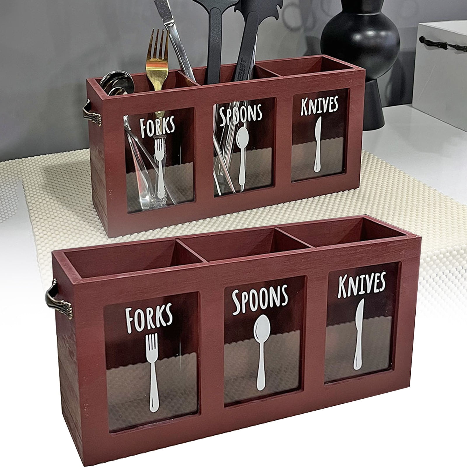 Wood Flatware Organizer, Rustic Utensil & Silverware Holder for Forks, Spoons, Knives, Farmhouse Kitchen Cutlery Caddy Bin Countertop, 1 Pcs, 11.81x3.43x5.51"