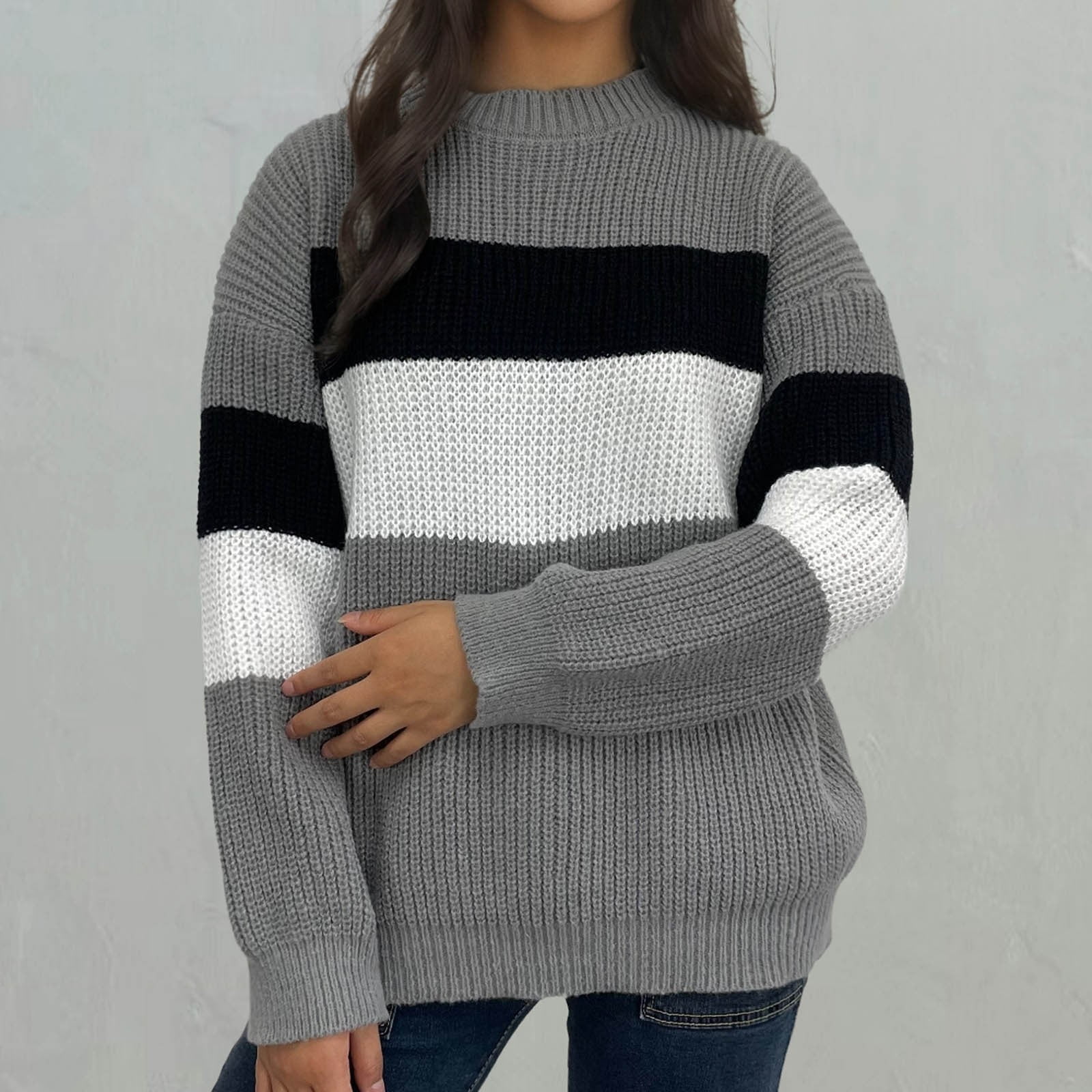 Sinpiling Plus Size Sweaters for Women S-4X Casual Long Sleeve Crewneck Pullover Knitted Tops Ladies Trendy Color Block Comfort Sweater