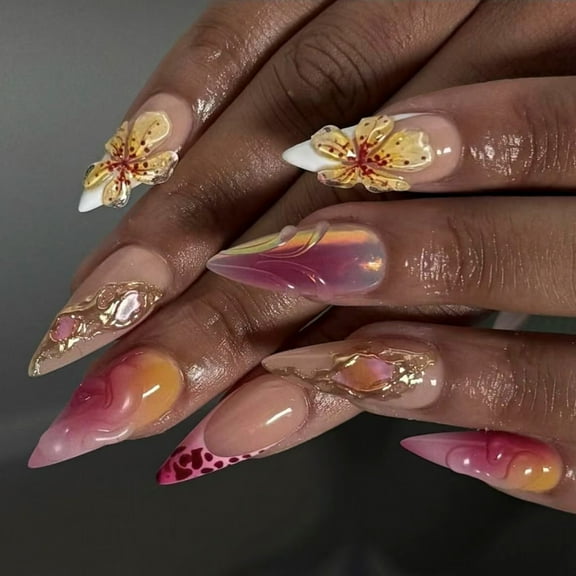 Almond Press on Nails Fake Nails Glossy Acrylic Artificial Nails on Nails for Womens 24Pcs 12Sizes Glues On Nails