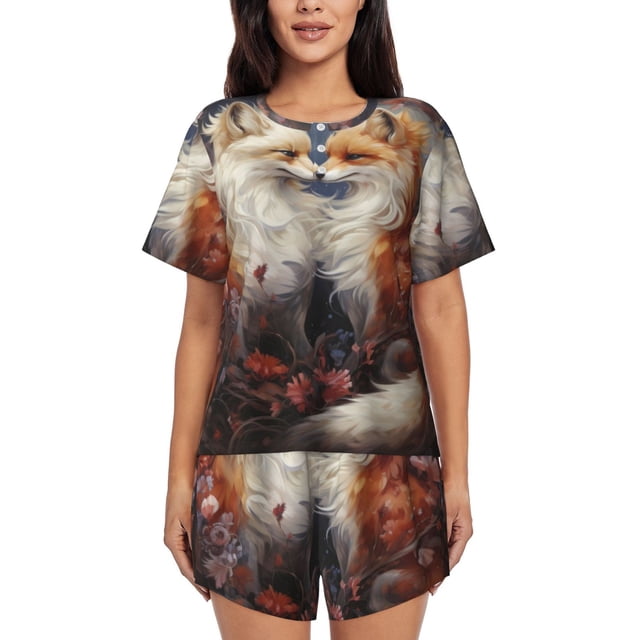 Balery Romantic Flower Fox Couple Conjunto de Pijama para Mujer con Estampado, Dos Piezas de Manga Corta y Shorts, Ropa de Dormir Suave con Cuello Redondo y Bolsillos-Medium