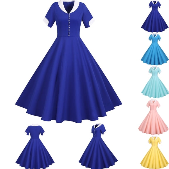 LEKWK Vintage Dress for Women 1950S Rockabilly Fit-and-Flare Dress Short Sleeve Collared Button Cocktail Party Dress A Line Tea Party Costumes