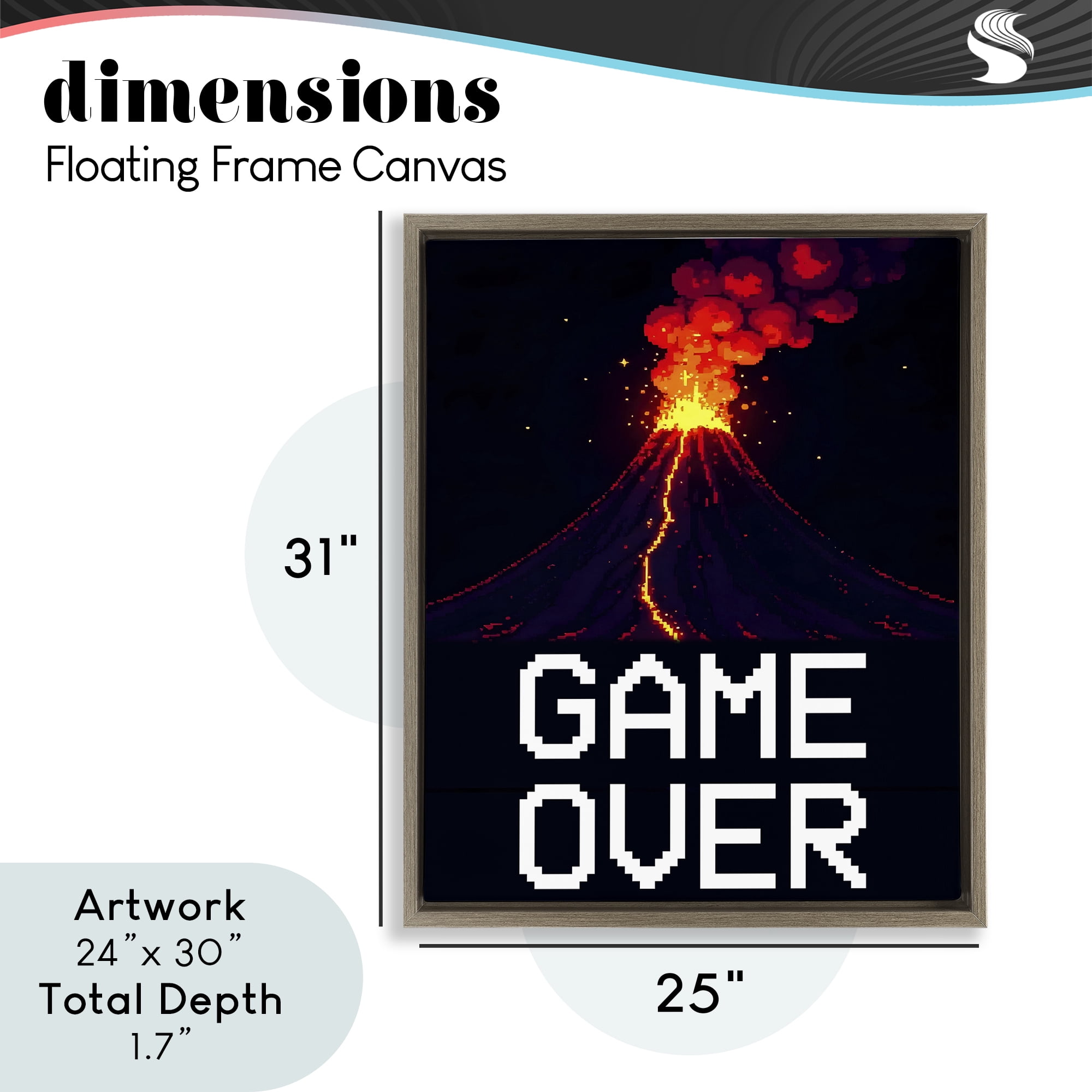 Pixel Volcano Game Over Brown Framed Floater Canvas Wall Art, design by Kim Allen