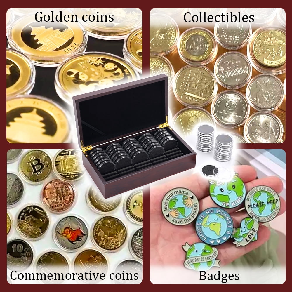 Vorfor 50Pcs Wooden Coin Storage Box, Coin Collector Display Commemorative Coin Case with 6 Sizes Foam Gasket and Plastic Storage Organizer Box
