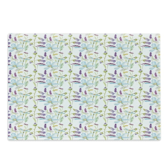 Watercolour Cutting Board, Aquarelle Style Lavender Lily Iris Magnolia Poppy Blossoms Field Botanical, Decorative Tempered Glass Cutting and Serving Board, in 3 Sizes, by Ambesonne