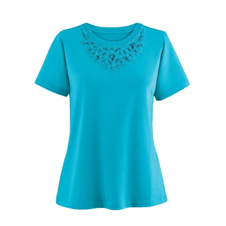 Collections Etc Women's Beautiful Battenburg Lace Trim Short Sleeve Cotton Shirt Turquoise XX-Large