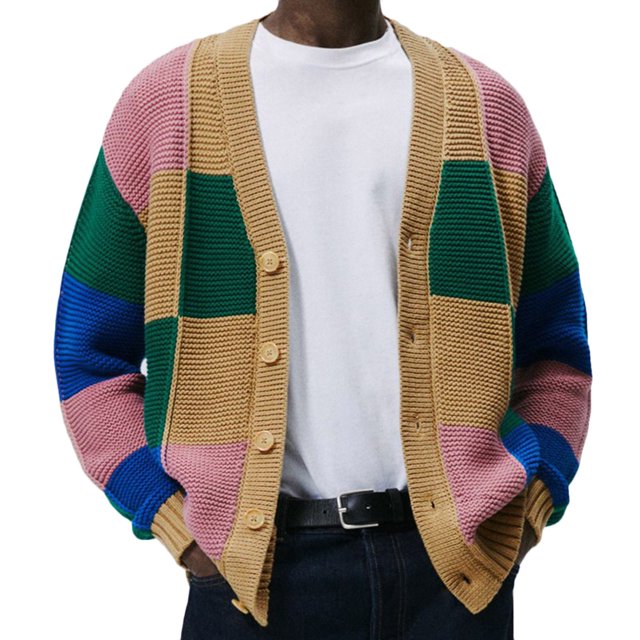 EGNMCR Man Winter Long Sleeve Button Fastener Color Contrast Design Sweater Cardigan, Gifts for Men