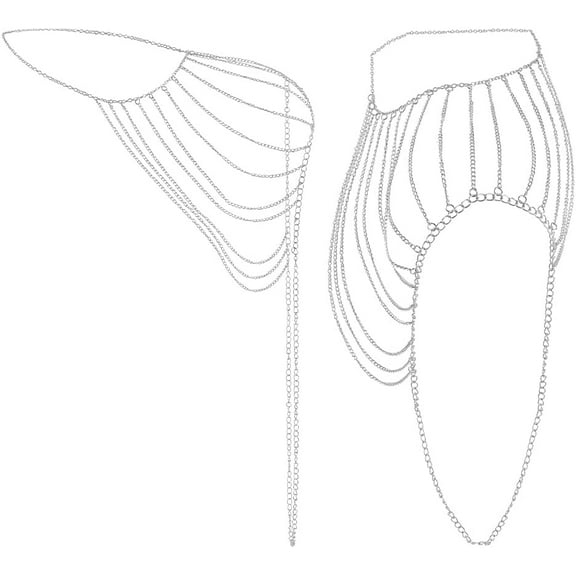 2Pcs Silver Shoulder Chain Layering Tassels Link Harness Wedding Body Jewelry Tassel Arm Chains Necklace Bridal Lingerie Chain