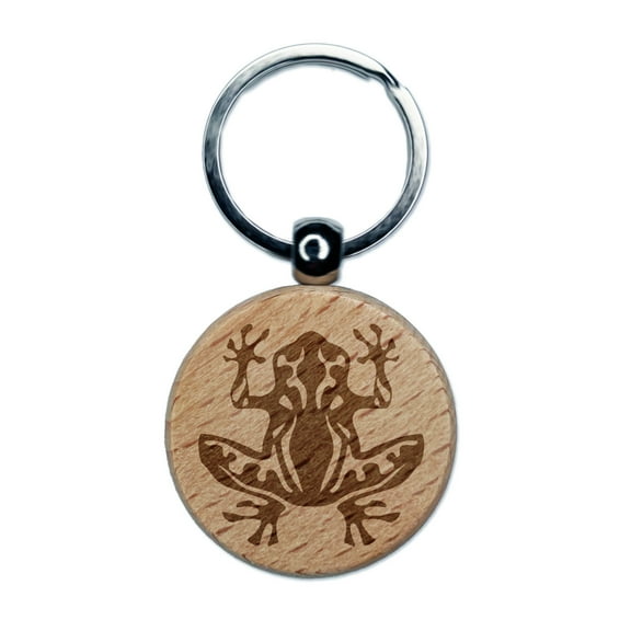 Tribal Frog Round Keychain Charm Tag - Engraved Wood