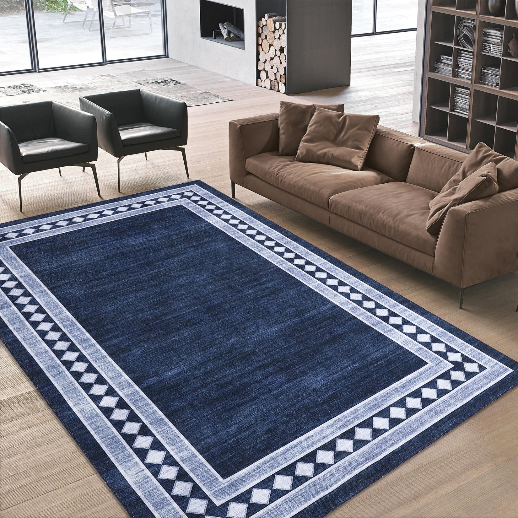 Garvee 10'x13' Modern Area Rug Solid Bordered Rugs, Washable Geometric Neutral Accent Carpet with Non-Slip Backing, Low Pile Stain-Resistant Rug for Living Room Dining Room Home Office, Blue