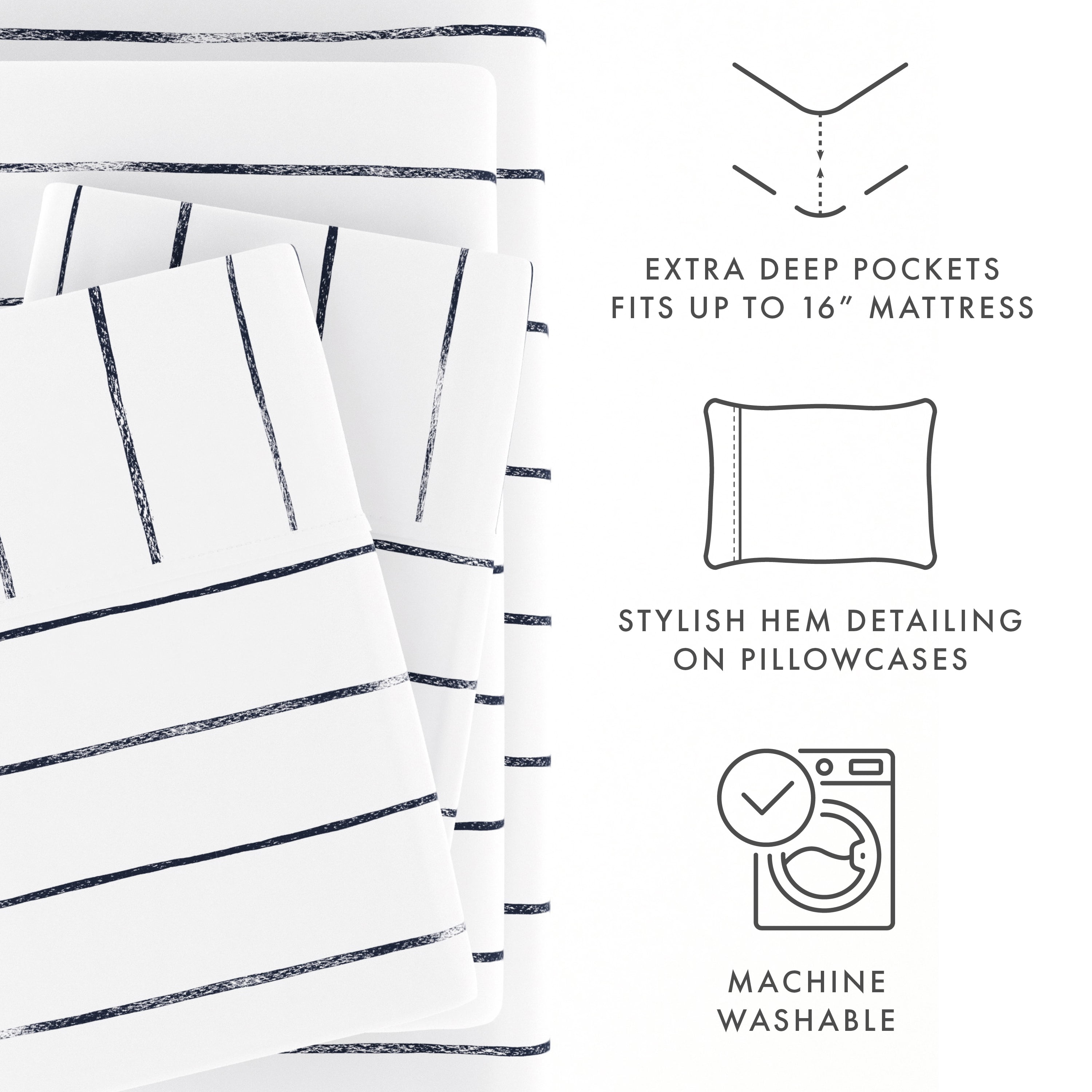 Noble Linens 4 Piece Pattern Microfiber Bed Sheets Set, Navy Distressed Field Stripe, CalKing