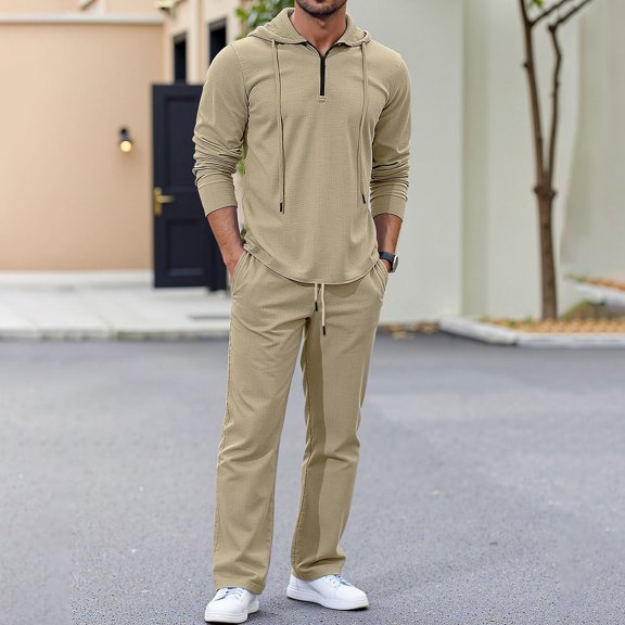 SOOMLON Matching Set Men Big and Tall Zip Long Sleeve Hoodie Shirt Elastic Waist Linen Pants Summer 2 Piece Outfits Sets