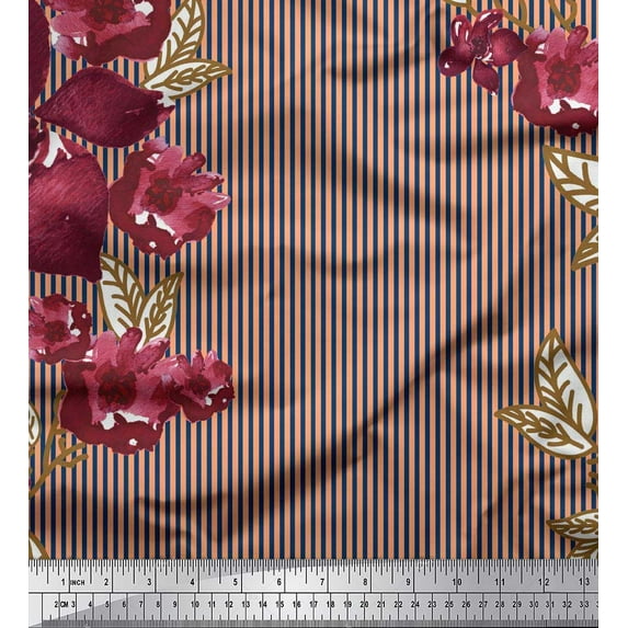 Soimoi Orange polyester Crepe Fabric Stripe & Chocolate Cosmos Floral Fabric Prints By Yard 42 Inch Wide