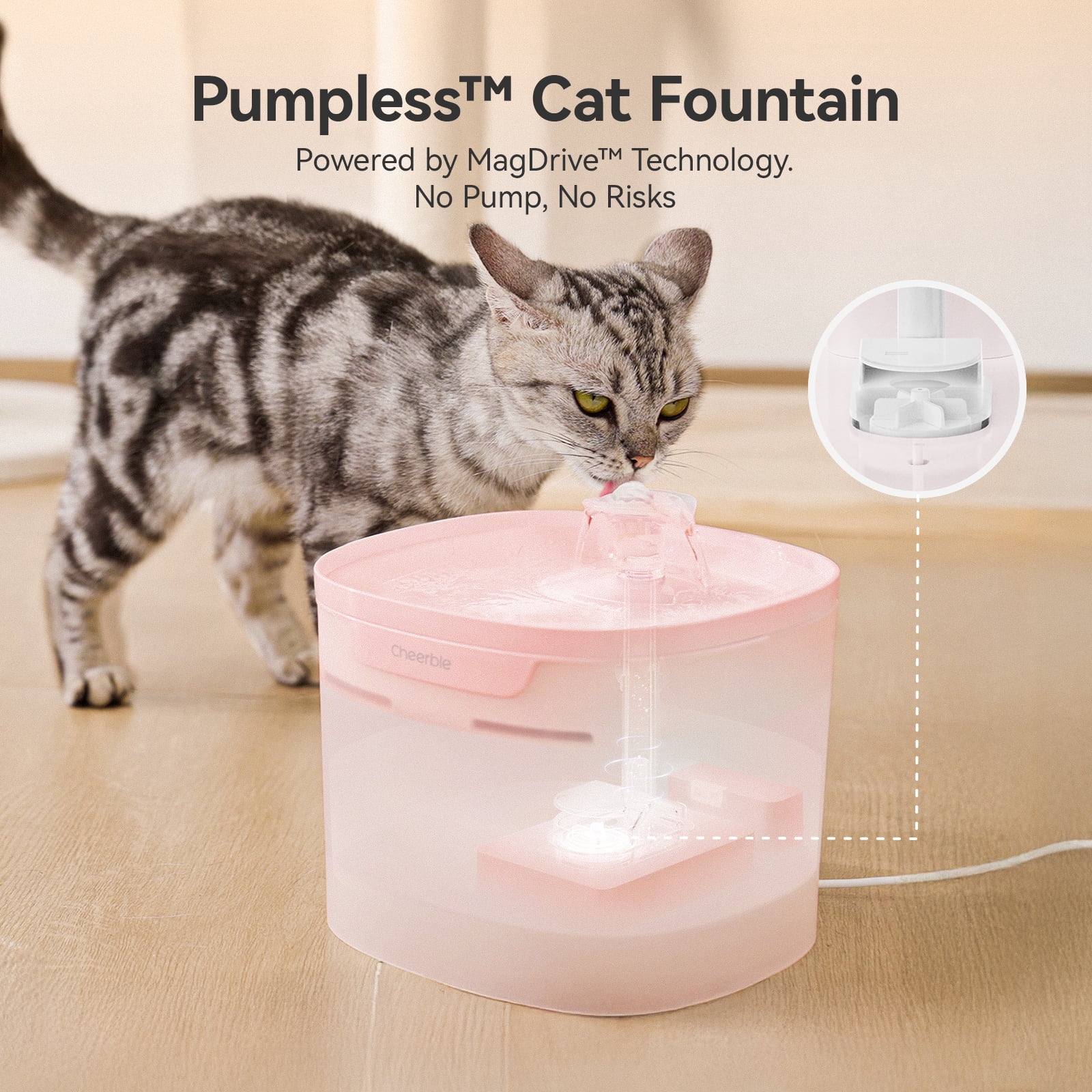 Cheerble Elfin E1 Lite Pumpless Plastic Pet Water Fountain with Filter, 2 L, Sakura Pink