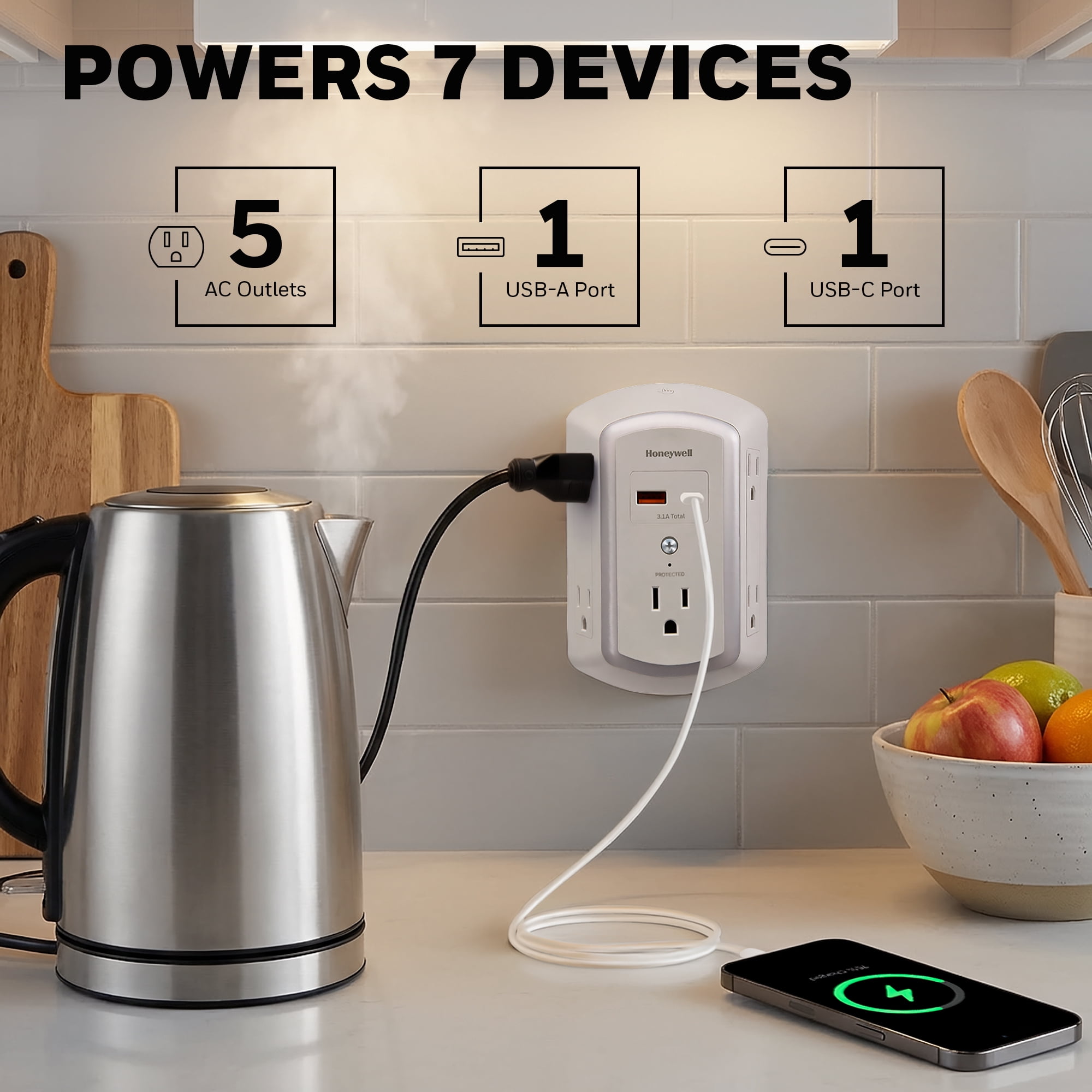 Honeywell 5-Outlet 2-USB LED Night Light Surge Protector Wall Tap, White
