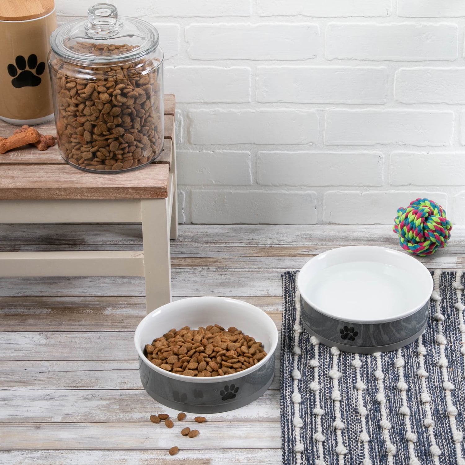 Contemporary Home Living Set of 2 Gray and Black Paw Print Large Pet Bowls, 7.5"