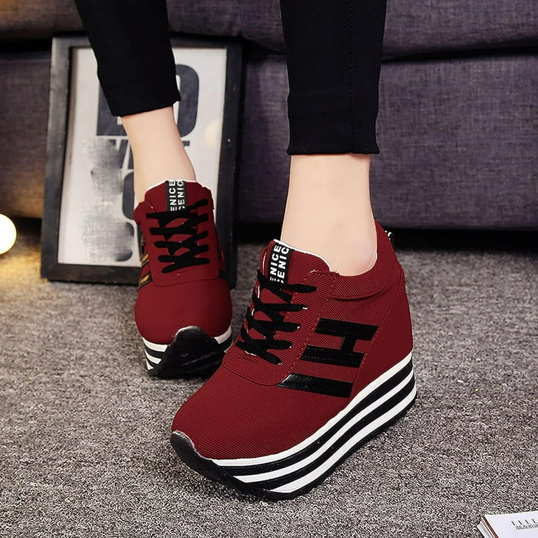 Women's Platform Sneakers Fashion Casual Stripe Lace Up Wedge