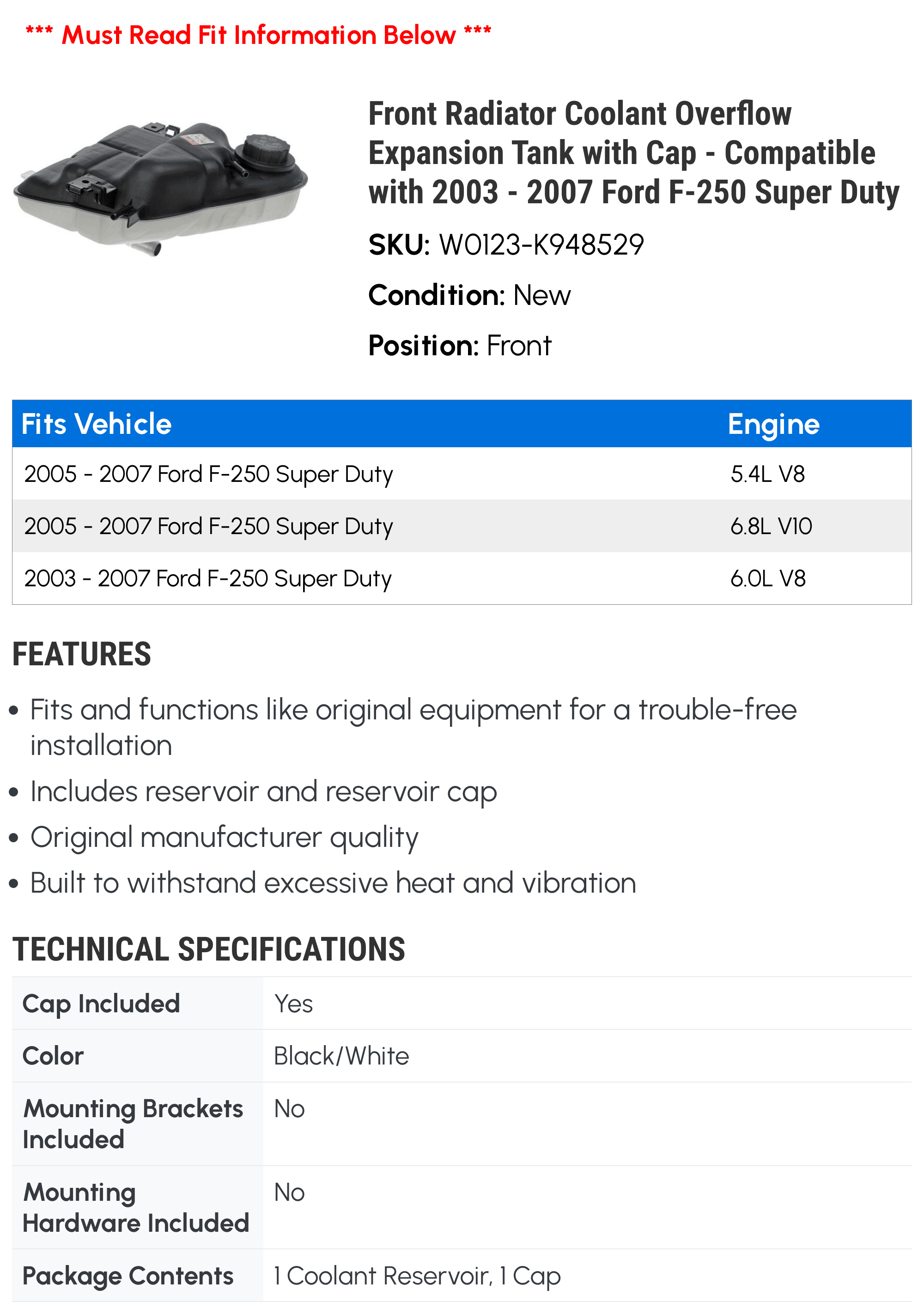 Front Radiator Coolant Overflow Expansion Tank with Cap - Compatible with 2003 - 2007 Ford F-250 Super Duty 2004 2005 2006