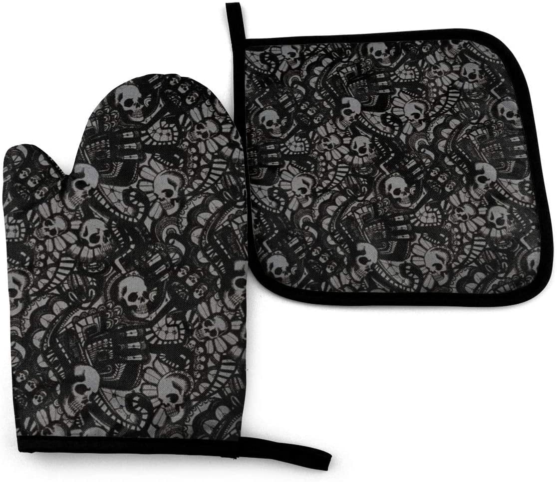 Antvinoler Oven Mitts Oven Gloves Heat Resistant Non-Slip Be Used for BBQ Cooking Baking Grilling-Scary Skull Horror Pot Holders for Kitchen