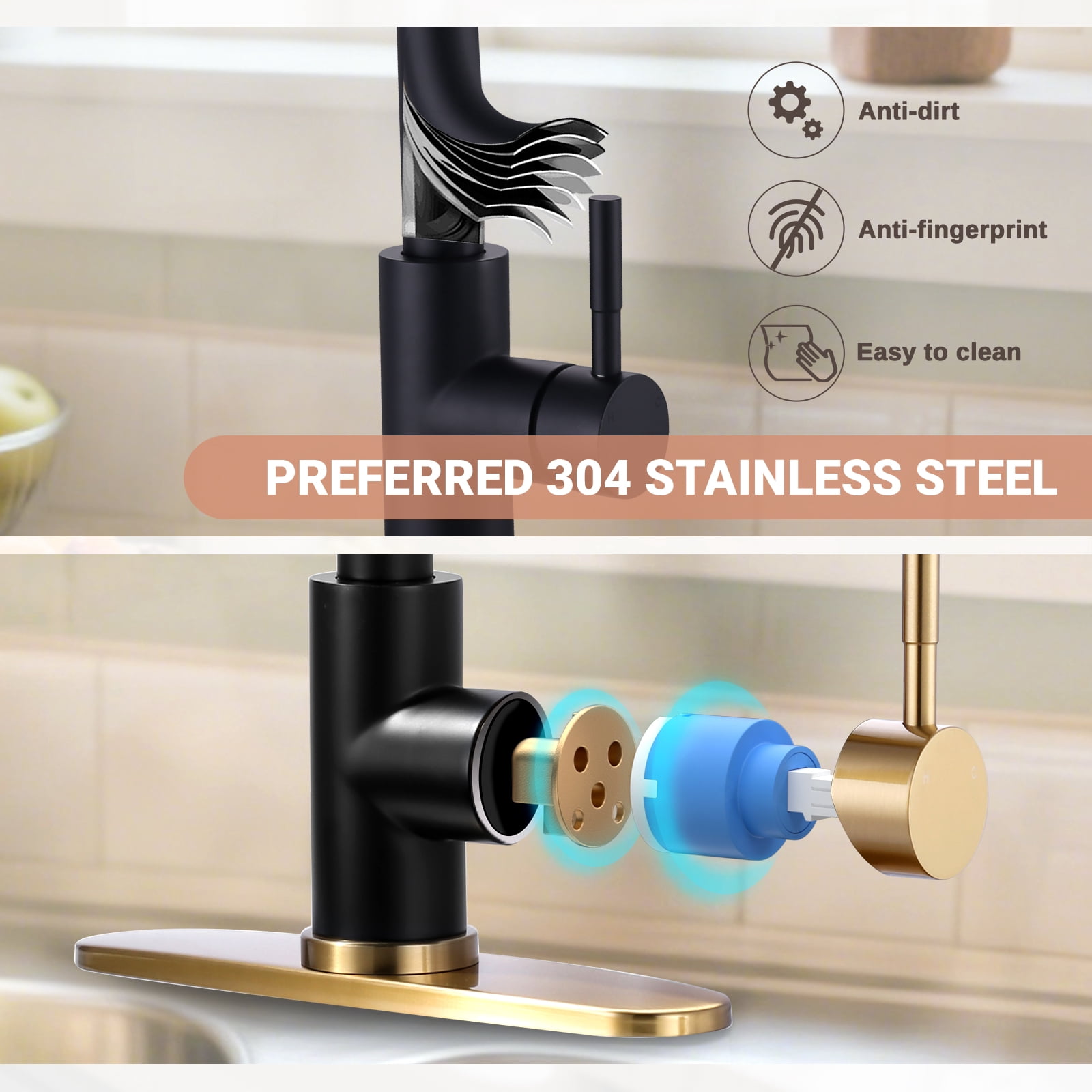Wowow Single Handle Pull Down Sprayer Kitchen Faucet with Deckplate and Soap Dispenser in Black and Gold