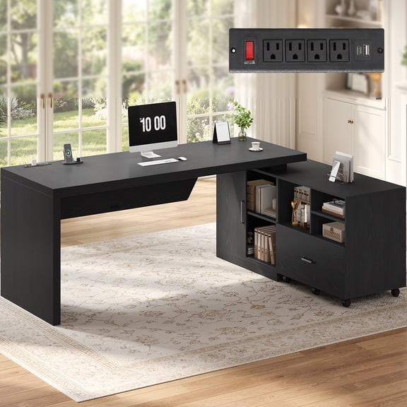 70.9" L Shaped Executive Desk with Power Outlets, Home Office Desk with Movable File Cabinet & Drawer, Modern Corner Computer Desks with Large Storage Cabinet, Black Business Furniture
