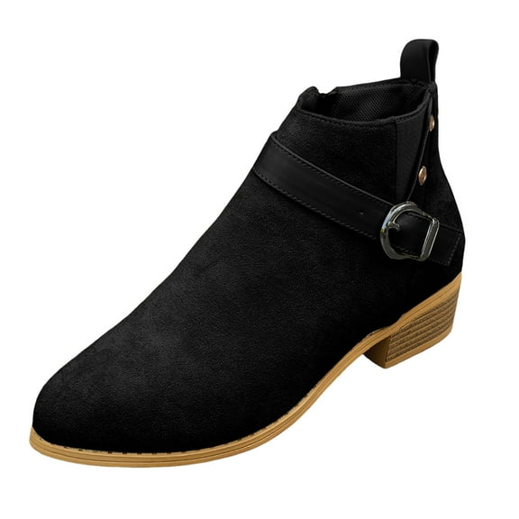 YLYL Womens Suede Booties Pointed Toe Low Heel Zip up Ankle Boots with Buckle