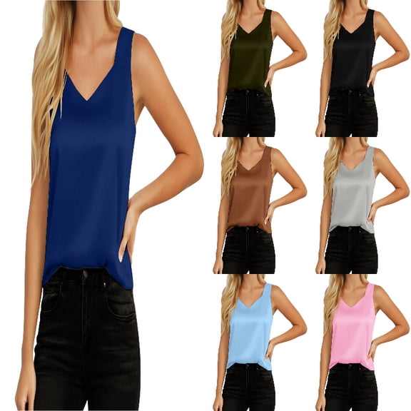 SGMVNU Satin Tank Tops for Women Loose Fit Sleeveless V Neck Cami Camisole Blouses Shirt Top Size: M Navy