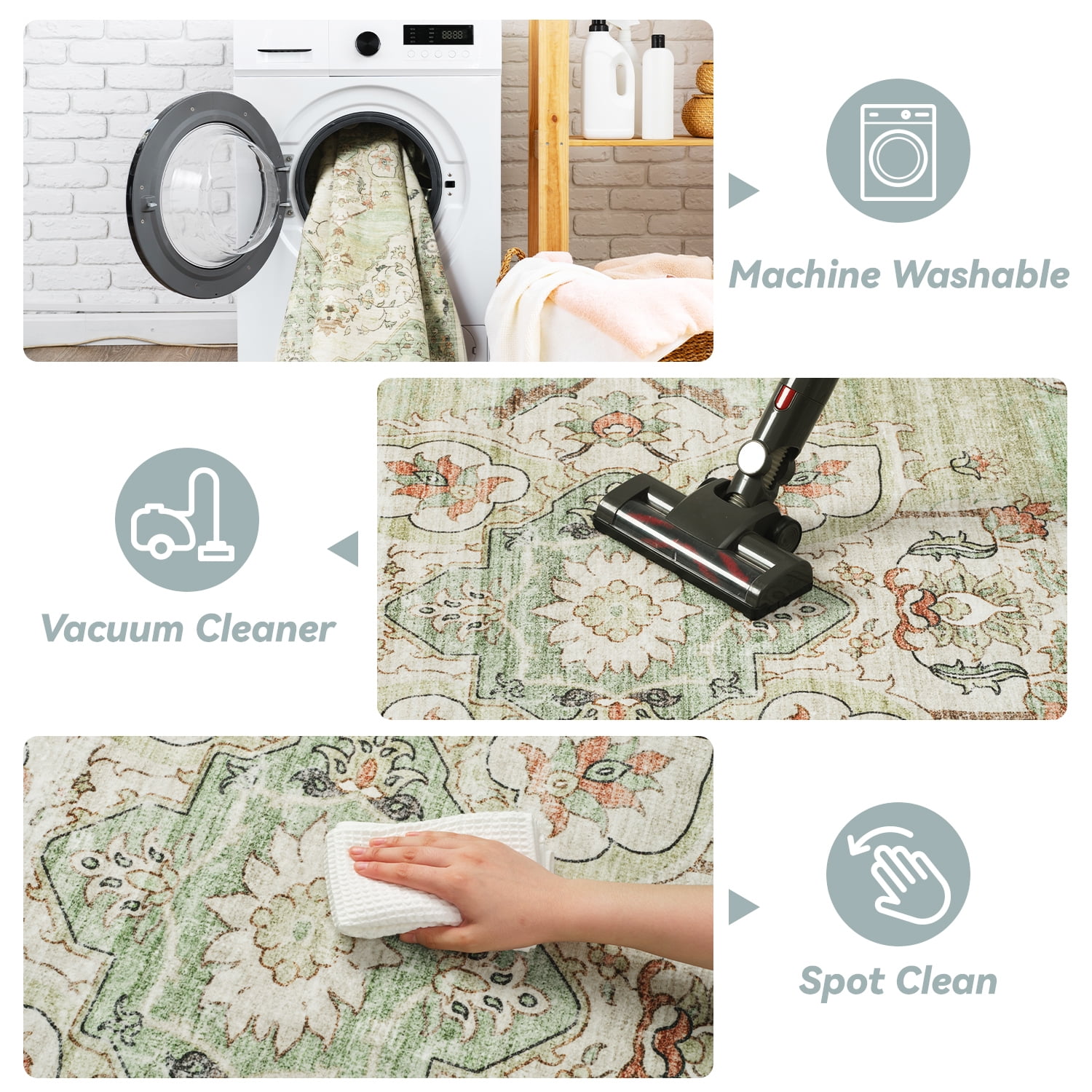 VUNATE 3'x5' Rugs for Living Room Washable Rugs Floral Vintage Area Rug Botanical Indoor Carpet Soft Rugs for Bedroom Office Entryway Kitchen Laundry Room Accent Rug Contemporary Home Decor Green