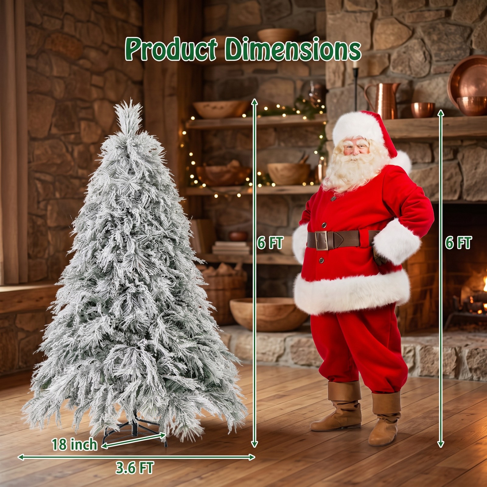 RUIE 6 FT Pre-Lit Snow Flocked Artificial Christmas Tree with 250 Warm White LED Lights, Hinged Xmas Pine Tree with Metal Stand for Home Office Holiday, White & Green