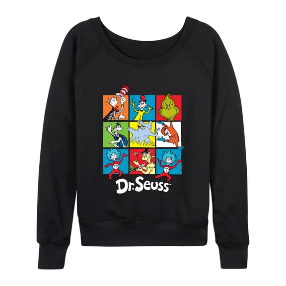 Dr. Seuss - Character Grid Lightweight French Terry Wide Neck Long Sleeve Graphic Shirt