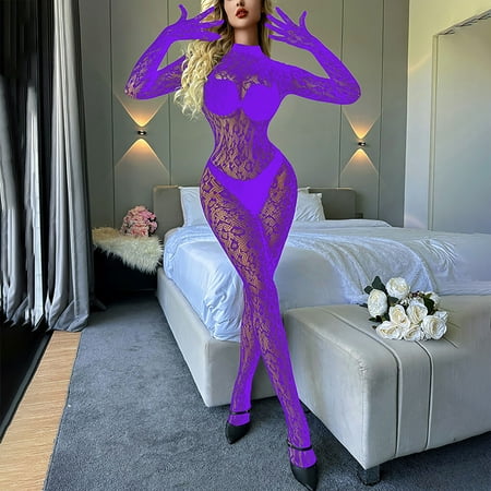 uublik Womens Lingerie Set Valentine s Day One Piece Nightwear Lace Nightgown Bodysuit Chemise Sleepwear Purple Free Size