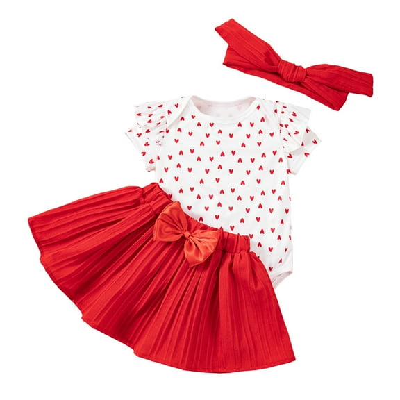 Fsqjgq Valentine's Day Toddler Baby Girl Clothes Dress Outfit Heart Ruffle Sleeve Romper Tops Tutu Skirt with Headband 3pcs Cute Clothing Sets 6-9 Months