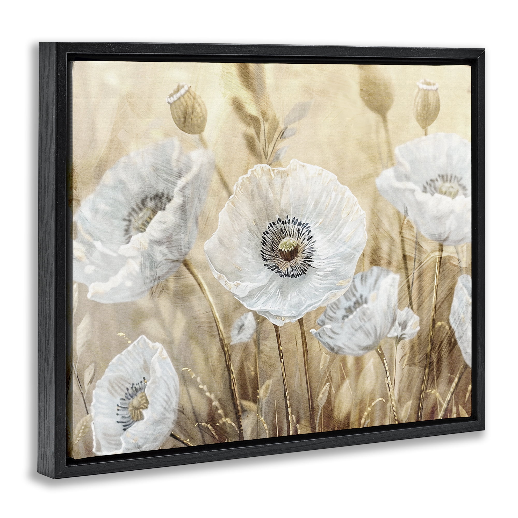 Stupell Industries White Poppies Beige Field Black Framed Floater Canvas Wall Art, design by Kim Allen