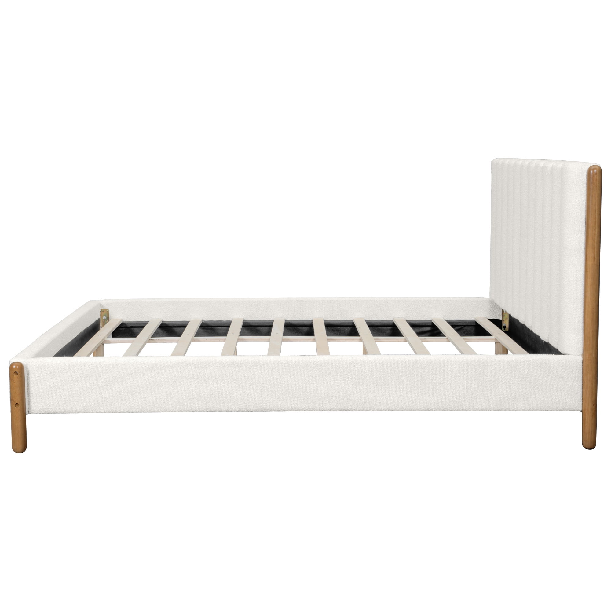 California King Size Bed Frame with Boucle Upholstered Thick Headboard & Solid Wood Legs, Platform Bed for Bedroom, White