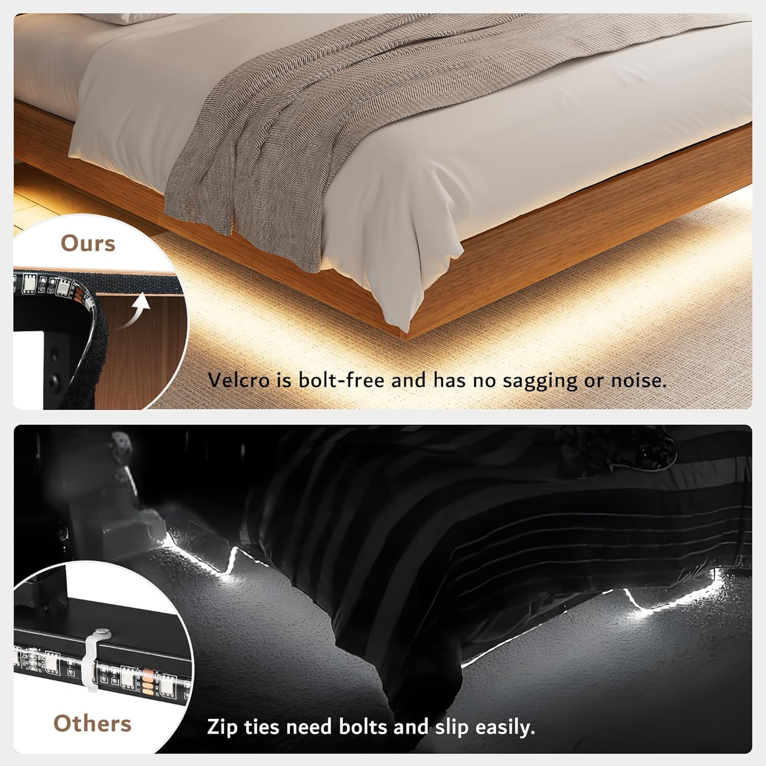 Honfach Full Floating Bed Frame with LED Lights & Charging Station, Platform Bed with Wooden Storage Headboard, Steel Slats Support, No Box Spring Needed, Easy Assembly, Noise-Free,Walnut
