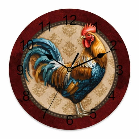 Wall Clock Farmhouse Chicken Rooster Cock Clocks PVC Silent Non-Ticking Battery Operated Decorative Vintage Red Farm Animal Round Clock for Home Living Room Kitchen Bedroom Office Wall Decor 14 Inch