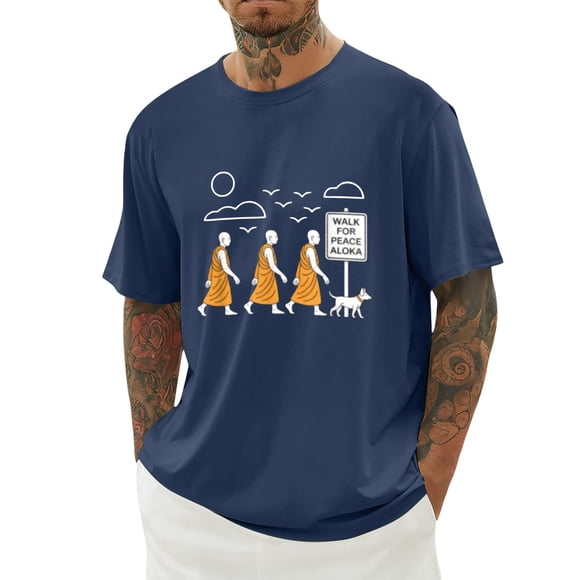 Arlun Marche pour la Paix Aloka Monks T-Shirts pour Hommes Confort Ajusté Manches Courtes Col Rond Graphiques Légers Doux Respirants Hauts d'Été Marine TG