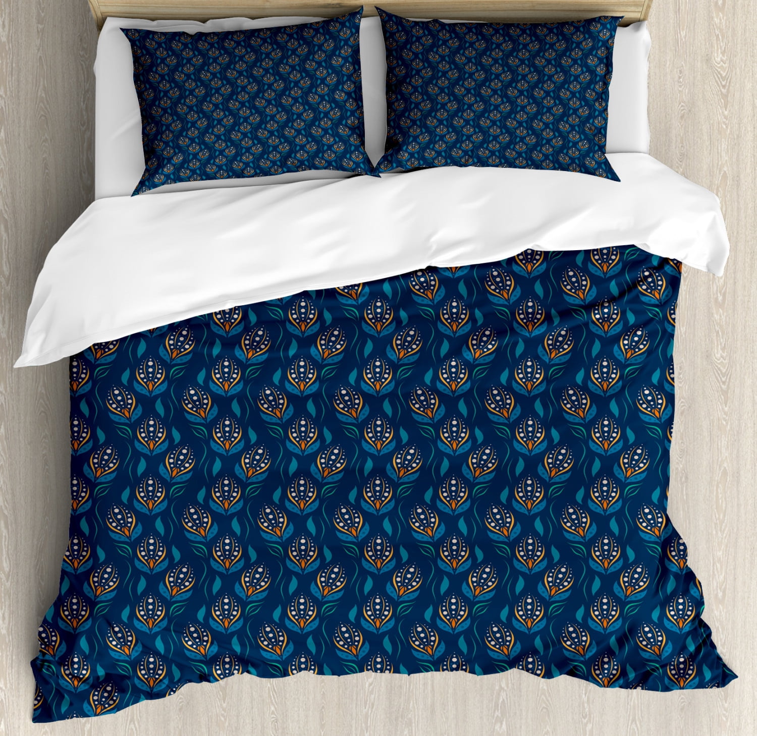 Floral Duvet Cover Set King Size, Abstract Design Flower Petals with Oriental Inspiration