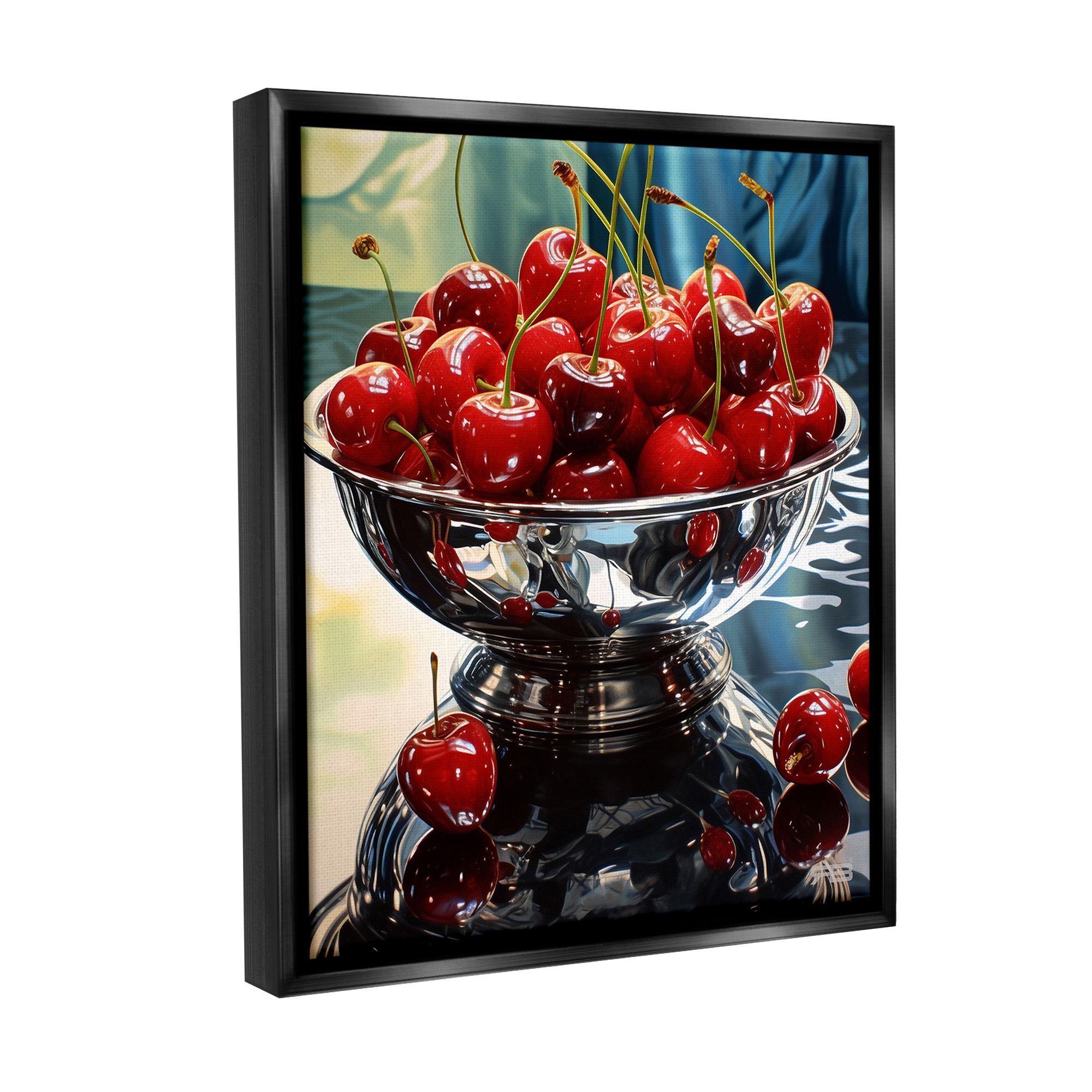Stupell Industries Bowl of Cherries Reflection Food & Beverage Painting Black Floater Framed Canvas Art Print Wall Art, 25 x 31