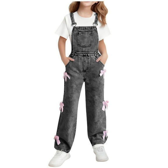 IVEYRTF Girls Jeans Trousers with Bow Wide Leg Adjustable Strap Overalls Fall Winter Casual Comfortable Fit Soft Denim Romper Everyday Wear Pants(Black,10-11 Years)