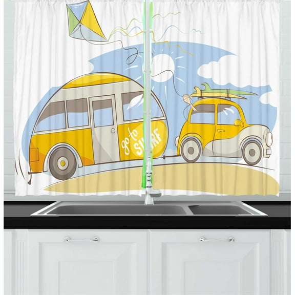 Ambesonne Happy Camper Kitchen Curtains, Pastel Cartoon Van Car, 55"x45", White Multicolor