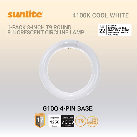 Sunlite 41316 FC8T9/CW 8-Inch T9 Round Fluorescent Circline Lamp, 22 Watts, 1250 Lumens, 4100K Cool White, G10Q 4-Pin Base, 1 Pack