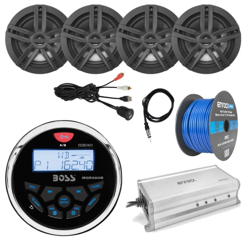 21' 29' Pontoon Boat Marine System Boss Bluetooth Receiver, 4 x 6.5" WaterResistant Speakers