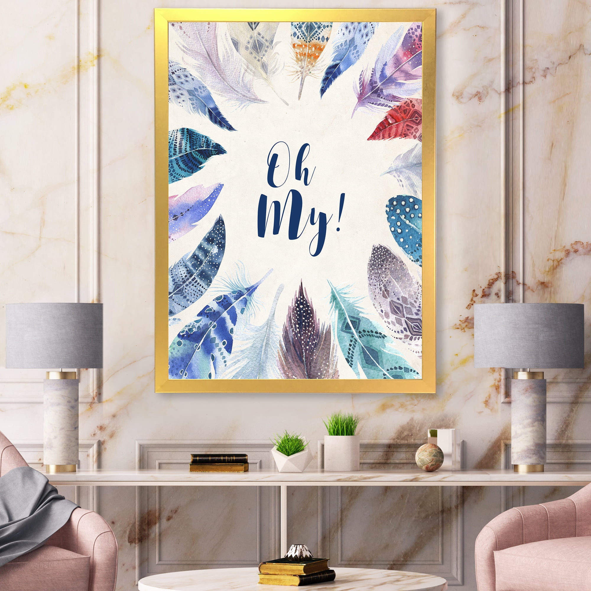 Designart 'Vital Blue Feathers Oh My' Bohemian & Eclectic Framed Art Print