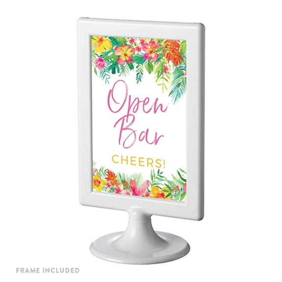 Tropical Floral Garden Party Party Signs, Open Bar Cheers!, 4x6-inch, Includes Frame
