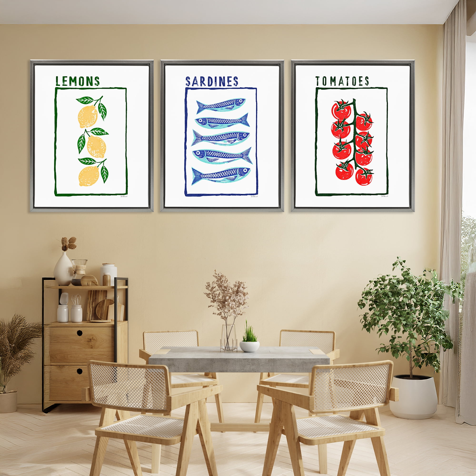 Stupell Industries Healthy Summer Foods 3 Piece Gray Framed Floater Canvas Set, design by Amanda Greenwood