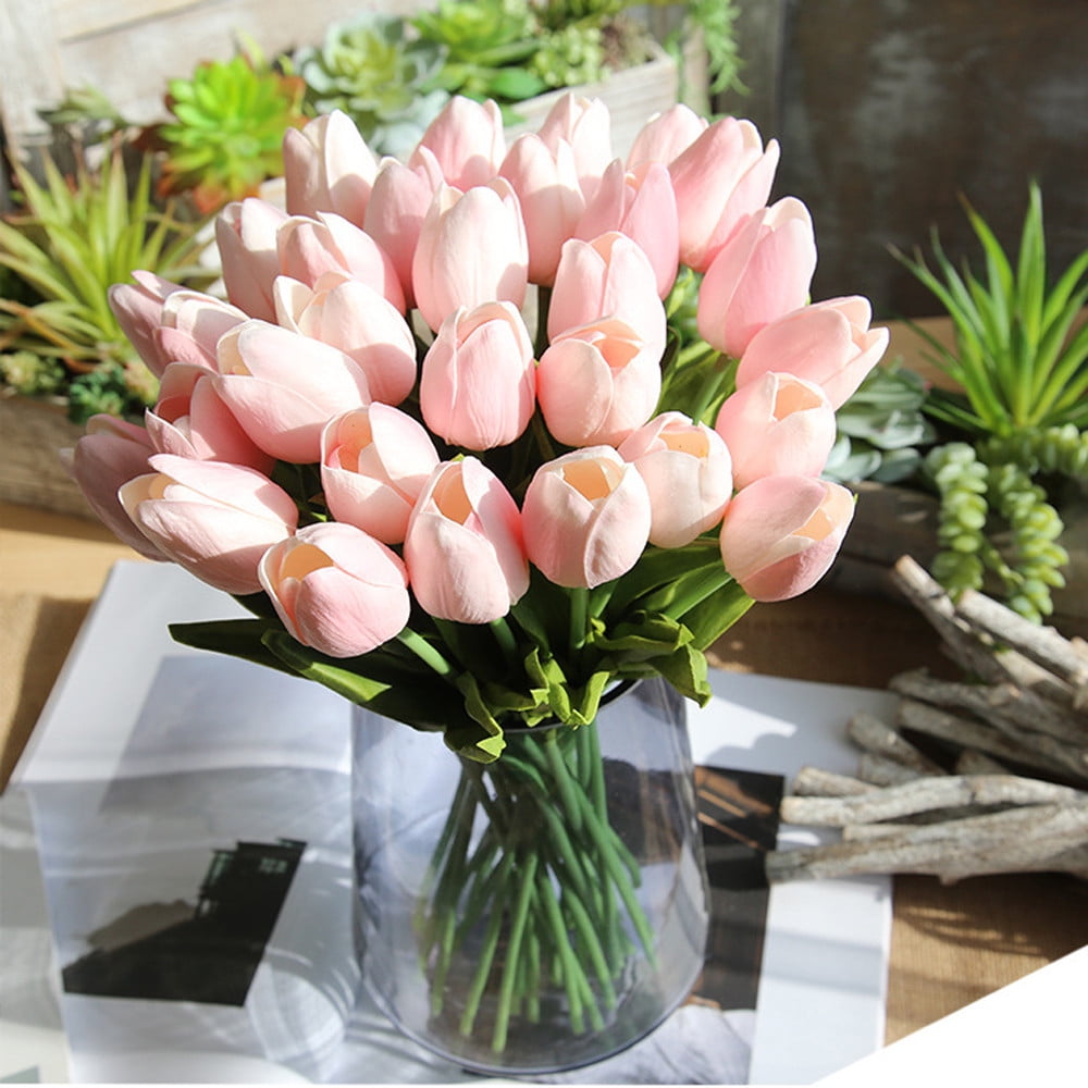 5 Pcs Fake Tulips Artificial Flowers, Real Touch PU Faux Flowers, Tulip Stems for Wedding, Spring Bouquet Floral Arrangement Home Party Office Decorations for Mother's Day (Pink) 13.98Inches