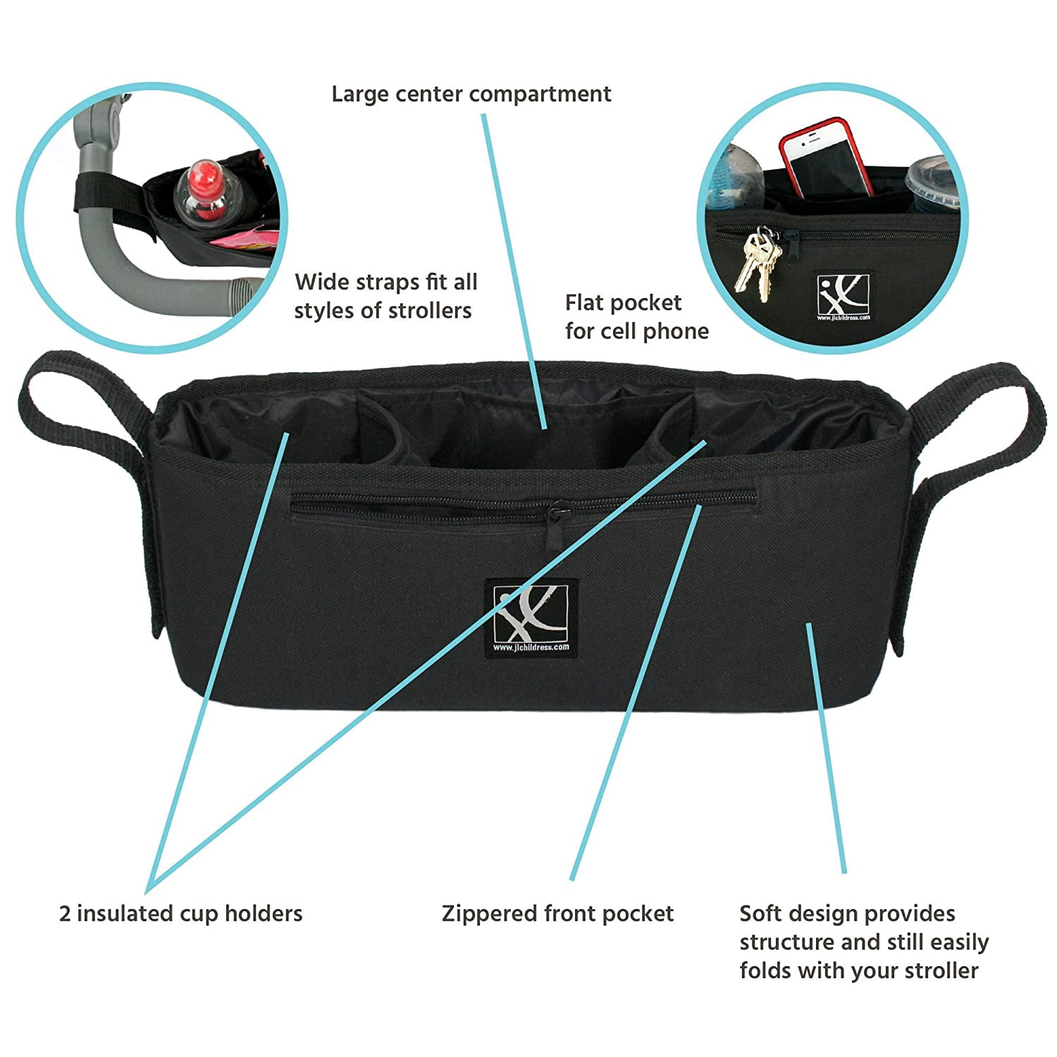 J.L. Childress Cargo 'N Drinks Parent Tray, Universal Stroller Organizer, Stroller Accessory with Cup Holders - Black