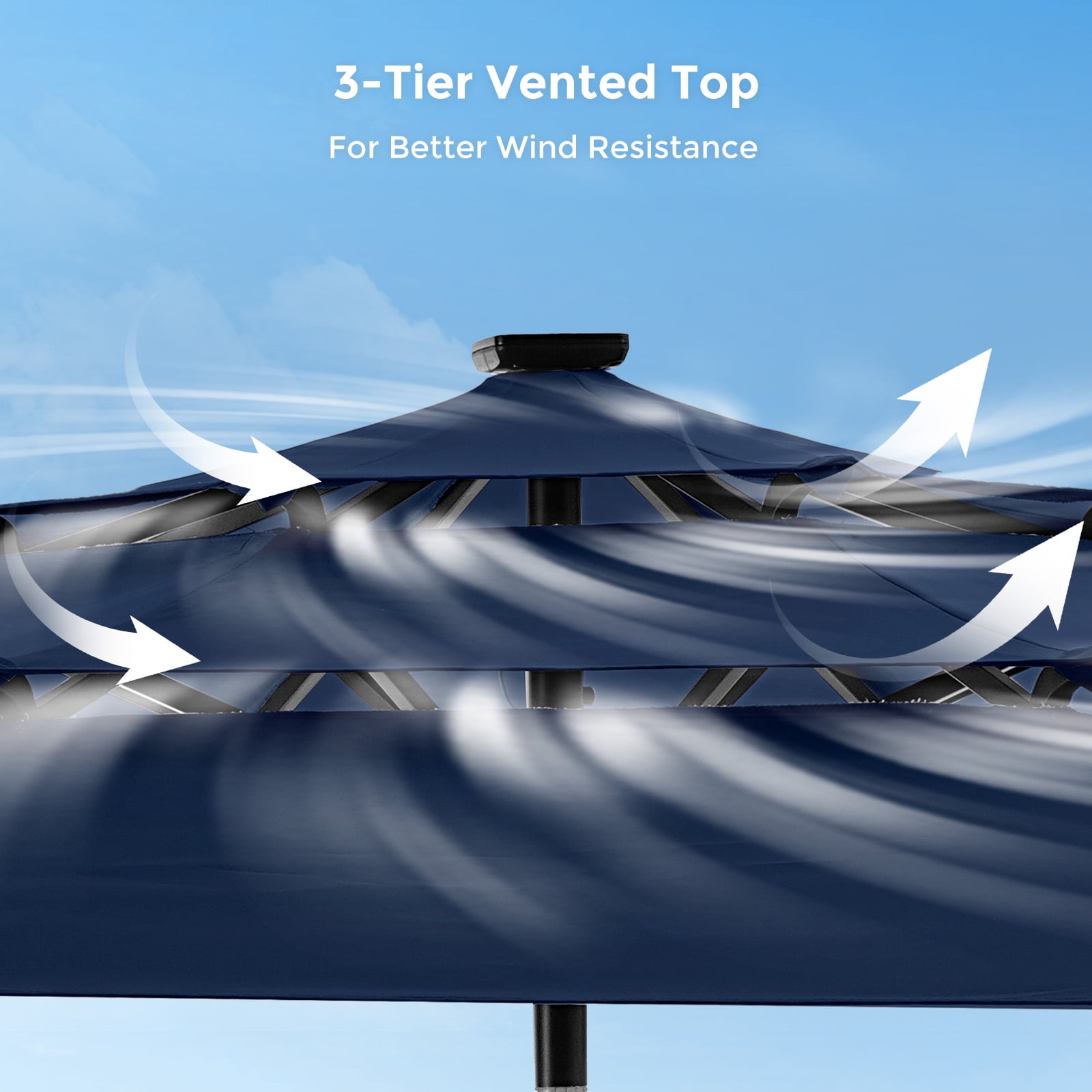 Patbrela 9ft 3-Tier Solar Patio Umbrella with LED Lights, Tilt Adjustment Outdoor Umbrella, Market Sun Shade for Beach, Backyard, Deck, Poolside, Navy